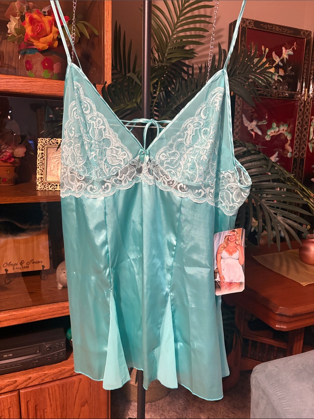 Shirley of Hollywood Teal Satin Chemise with White Lace